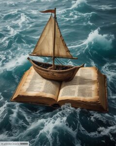 Ein altes, aufgeschlagenes Buch schwimmt auf unruhiger See. Ein kleines Holzsegelboot liegt auf den Buchseiten.