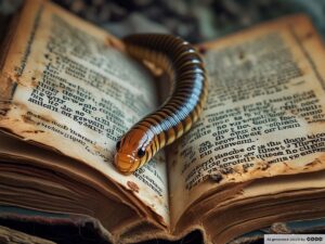 Ein altes, aufgeschlagenes Buch. Ein Wurm kriecht über die Seiten.