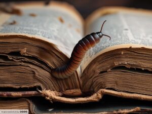 Phantasma 3. Ein altes, aufgeschlagenes Buch. Ein Wurm kommt aus den Seiten gekrochen.