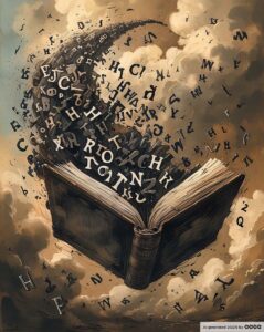 Phantasma 3. Ein aufgeschlagenes Buch fliegt in Luft. Ein großer Schwarm Buchstaben entweichen dem Buch.