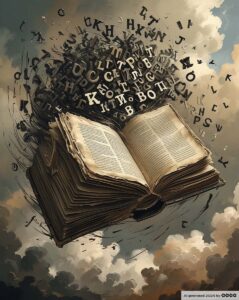 Ein aufgeschlagenes Buch fliegt in Luft. Ein großer Schwarm Buchstaben entweichen dem Buch.