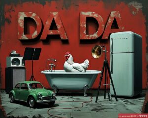 Ein Huhn badet in einer Badewanne, daneben stehen ein Kühlschrank und ein Notenständer. Vor der Badewanne steht ein grünes Auto. Der Hintergrund ist rot und enthält die Buchstaben DADA.