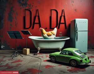 Ein Huhn badet in einer Badewanne, daneben stehen ein Kühlschrank und ein Notenständer. Vor der Badewanne steht ein grünes Auto. Der Hintergrund ist rot und enthält die Buchstaben DADA.