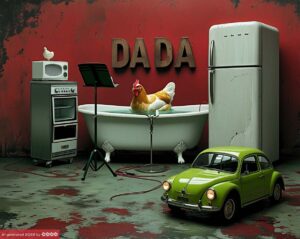 Dadaismus 1. Ein Huhn badet in einer Badewanne, daneben stehen ein Kühlschrank und ein Notenständer. Vor der Badewanne steht ein grünes Auto. Der Hintergrund ist rot und enthält die Buchstaben DADA.