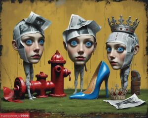 Köpfe eingewickelt in Zeitungspapier, direkt unter dem Kopf gebinnen die Beine, weit aufgerissene Augen, ein roter Hydrant, Rasen, blaue High Heels, eine Figur trägt eine Krone auf dem Kopf.