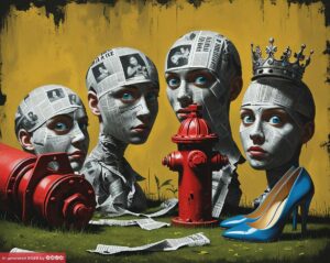 Dadaismus 1. Köpfe eingewickelt in Zeitungspapier, ein roter Hydrant, Rasen, blaue High Heels, eine Figur trägt eine Krone auf dem Kopf.