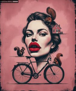 Dadaismus 1. Ein Frauenkopf, die Lippen sind rot und extrem dick. Ein Eichhörnchen und ein kleines Haus auf ihrem Kopf und zwei weiter unten am Fahrrad, das unter dem Kopf steht. Der Hintergrund ist moody rosa.