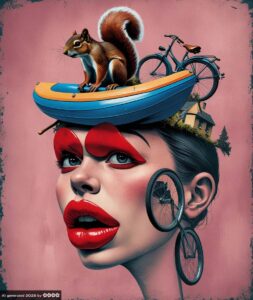 Ein Frauenkopf, die Lippen sind rot und extrem dick. Ein blaues Schlauchboot und ein Eichhörnchen auf ihrem Kopf und ein kleines Haus. Ein Fahrrad hängt an ihrer Wange. Der Hintergrund ist moody rosa.