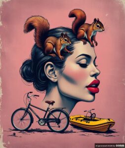 Dadaismus 1. Ein Frauenkopf, die Lippen sind rot und sehr dick. Zwei Eichhörnchen auf ihrem Kopf, unter dem Kopf ein Fahrrad und ein gelbes Schlauchboot. Der Hintergrund ist moody rosa.