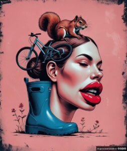 Ein Frauenkopf, die Lippen sind rot und extrem dick. Ein Eichhörnchen auf ihrem Kopf, an ihrem Kopf ein Fahrrad und unten ein blauer Gummistiefel. Der Hintergrund ist moody rosa.