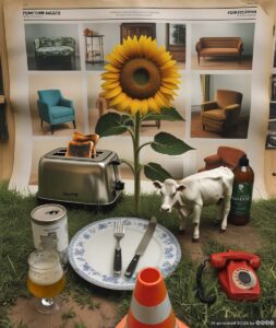 Dinge, die nicht zusammengehören wie Sonnenblume, Toaster, Kuh, Bierglas, Teller, altes Telefon, Baustellenhütchen. Im Hintergrund ein Möbelprospekt.