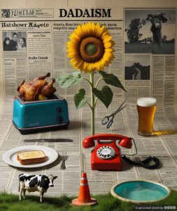 Dadaismus 1. Dinge, die nicht zusammengehören wie Sonnenblume, gebratenes Hähnchen auf Toaster, eine kleine Kuh, Bierglas, Teller, altes Telefon, Baustellenhütchen. Im Hintergrund eine Zeitungsseite.