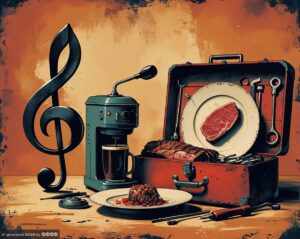 Dinge, die nicht zusammengehören wie ein Steak auf dem Teller, ein Werkzeugkasten, ein Notenschlüssel, ein kleiner Kaffeeautomat. Hintergrund changierendend orange.