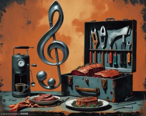 Dadaismus 1. Dinge, die nicht zusammengehören wie ein Steak auf dem Teller, ein Werkzeugkasten, ein Notenschlüssel, ein kleiner Kaffeeautomat. Hintergrund changierendend orange.