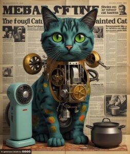 Dinge, die nicht zusammengehören wie eine blaue Katze mit Steampunk-Innenleben, Ventilator, Kochtopf, Feuerzeug. Im Hintergrund eine Zeitungsseite.