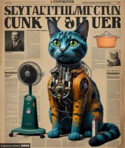 Dadaismus 1. Dinge, die nicht zusammengehören wie eine blaue Katze mit Steampunk-Innenleben, Ventilator, Kochtopf, Feuerzeug. Im Hintergrund eine Zeitungsseite.